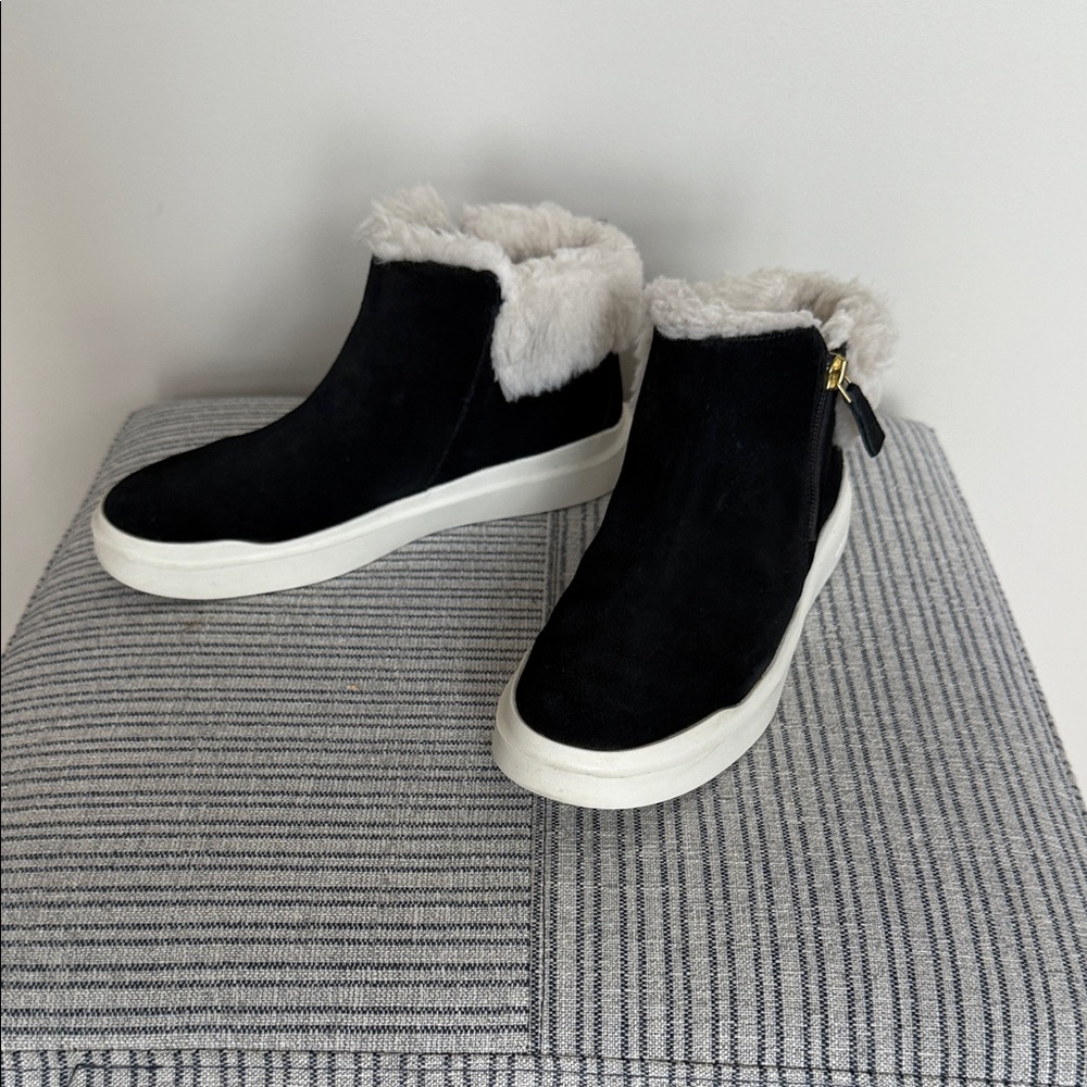 Cole Haan Grand Black Suede Ankle Boots with Faux Fur Trim